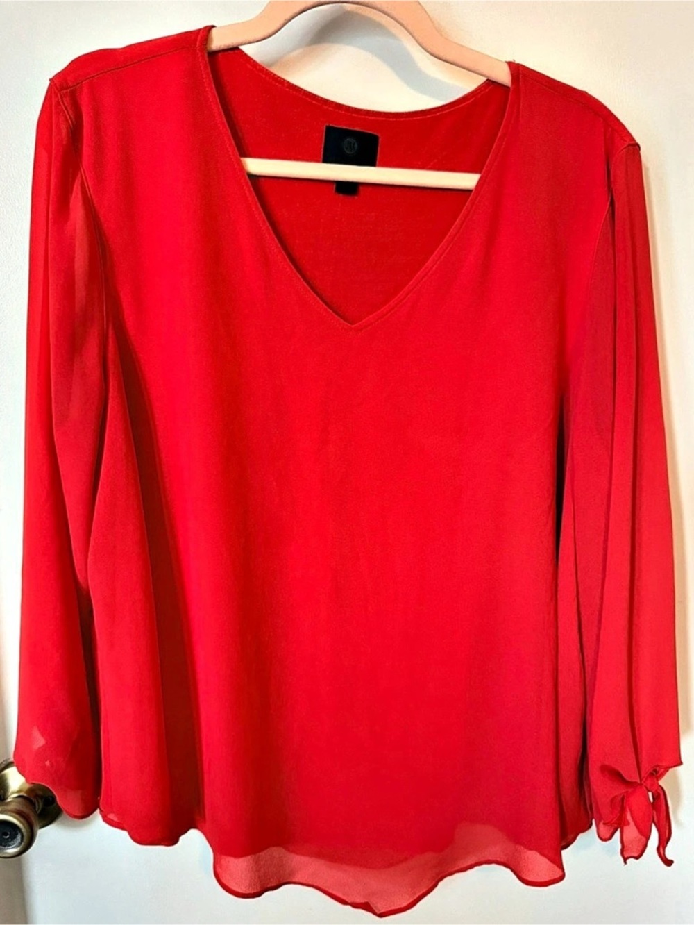 JM Collection V-Neck Ruffle Sleeve Blouse in Red Size XL